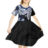 Monstera Plumeria Flowers Blue Kid Short Sleeve Dress Polynesian Pattern