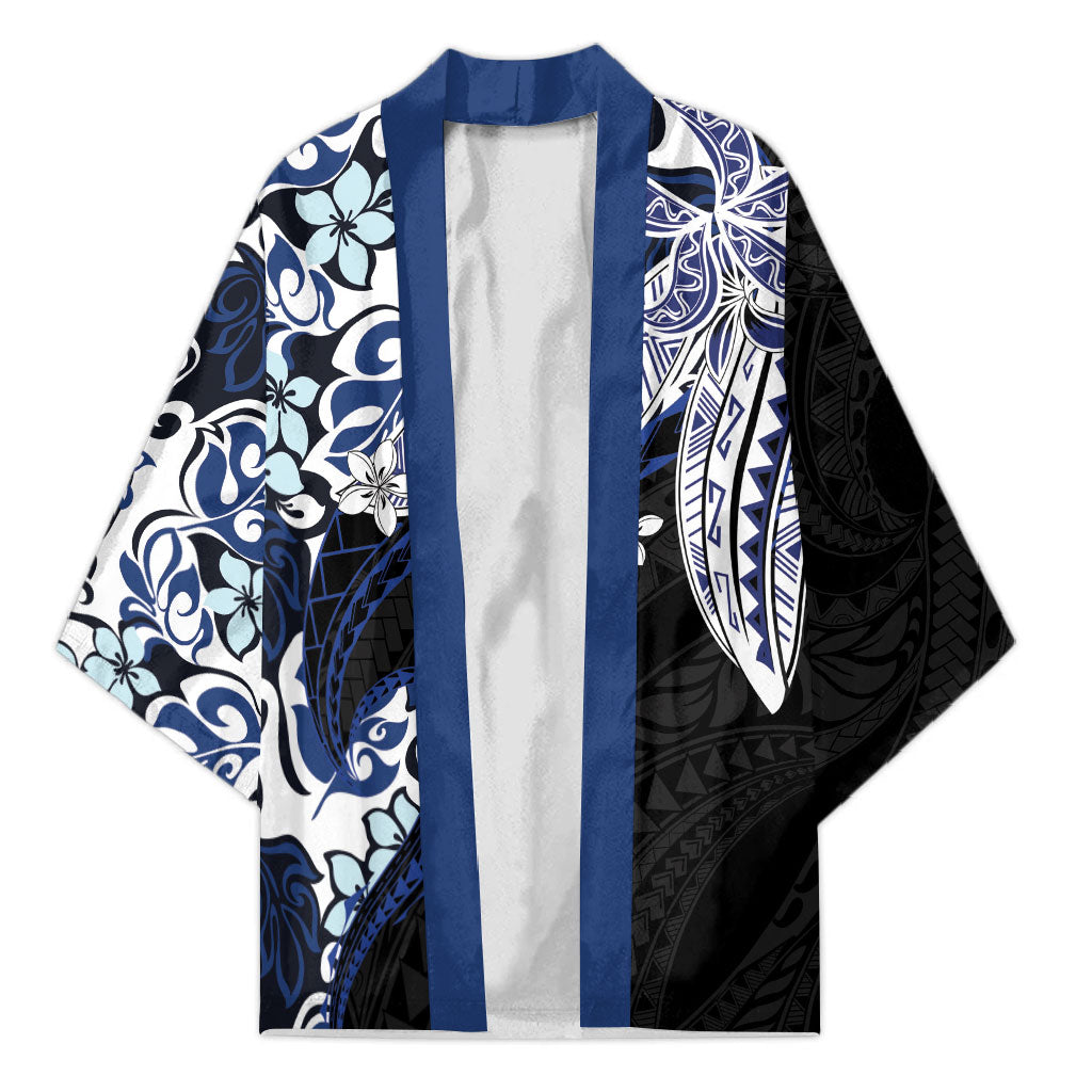 Monstera Plumeria Flowers Blue Kimono Polynesian Pattern