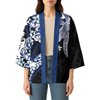 Monstera Plumeria Flowers Blue Kimono Polynesian Pattern