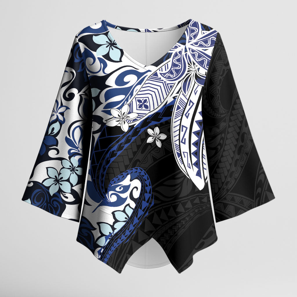 Monstera Plumeria Flowers Blue Kimono Sleeve Blouse Polynesian Pattern