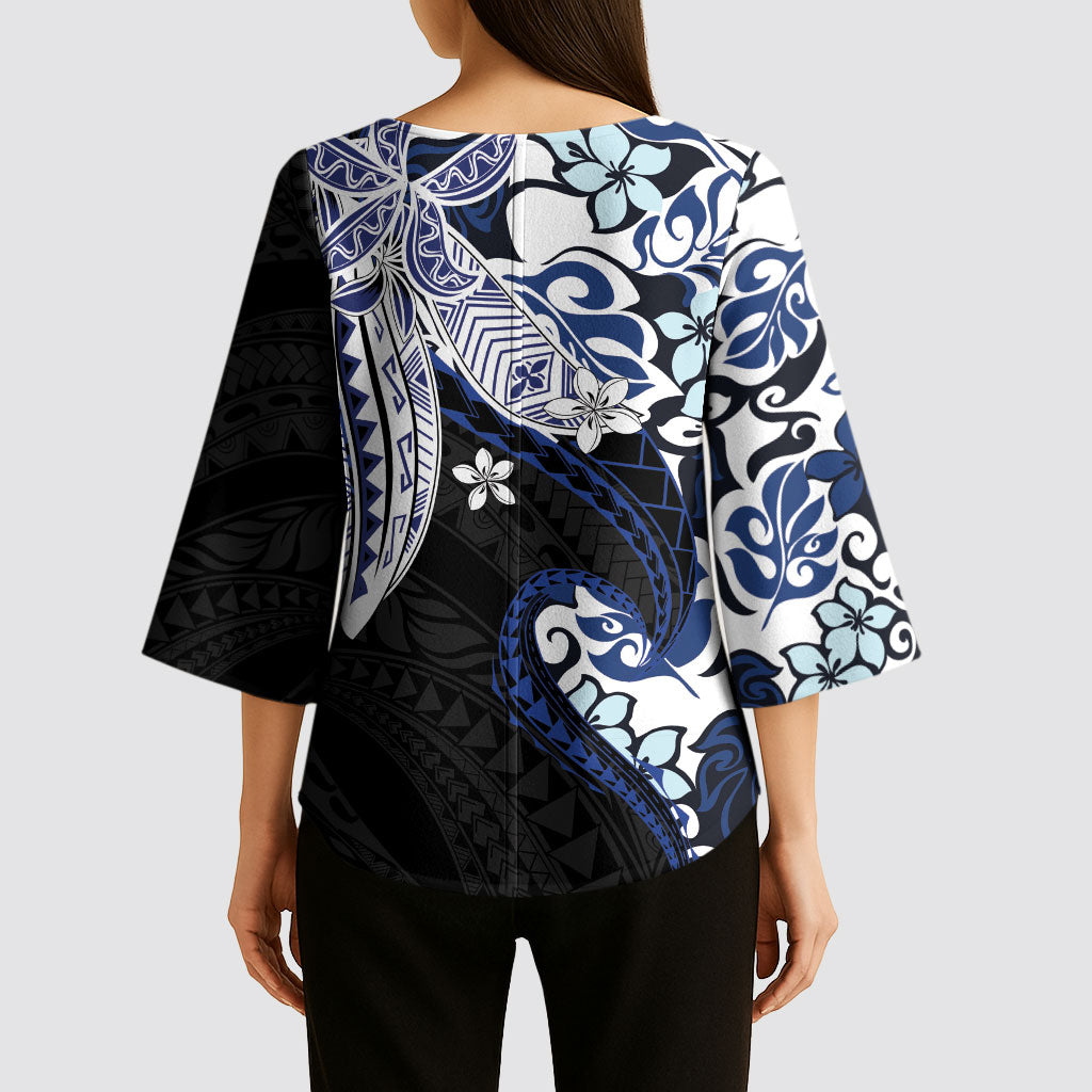Monstera Plumeria Flowers Blue Kimono Sleeve Blouse Polynesian Pattern