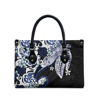 Monstera Plumeria Flowers Blue Leather Bag Polynesian Pattern