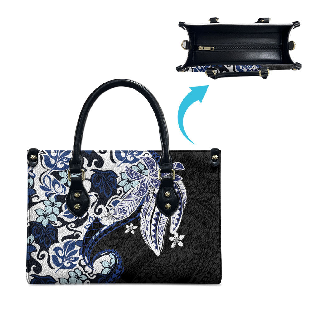 Monstera Plumeria Flowers Blue Leather Bag Polynesian Pattern