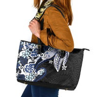 Monstera Plumeria Flowers Blue Leather Tote Bag Polynesian Pattern