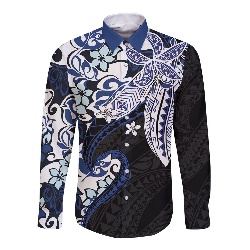 Monstera Plumeria Flowers Blue Long Sleeve Button Shirt Polynesian Pattern