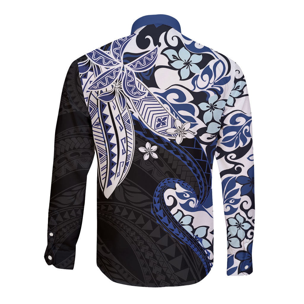 Monstera Plumeria Flowers Blue Long Sleeve Button Shirt Polynesian Pattern