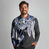 Monstera Plumeria Flowers Blue Long Sleeve Polo Shirt Polynesian Pattern