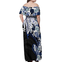 Monstera Plumeria Flowers Blue Off Shoulder Maxi Dress Polynesian Pattern