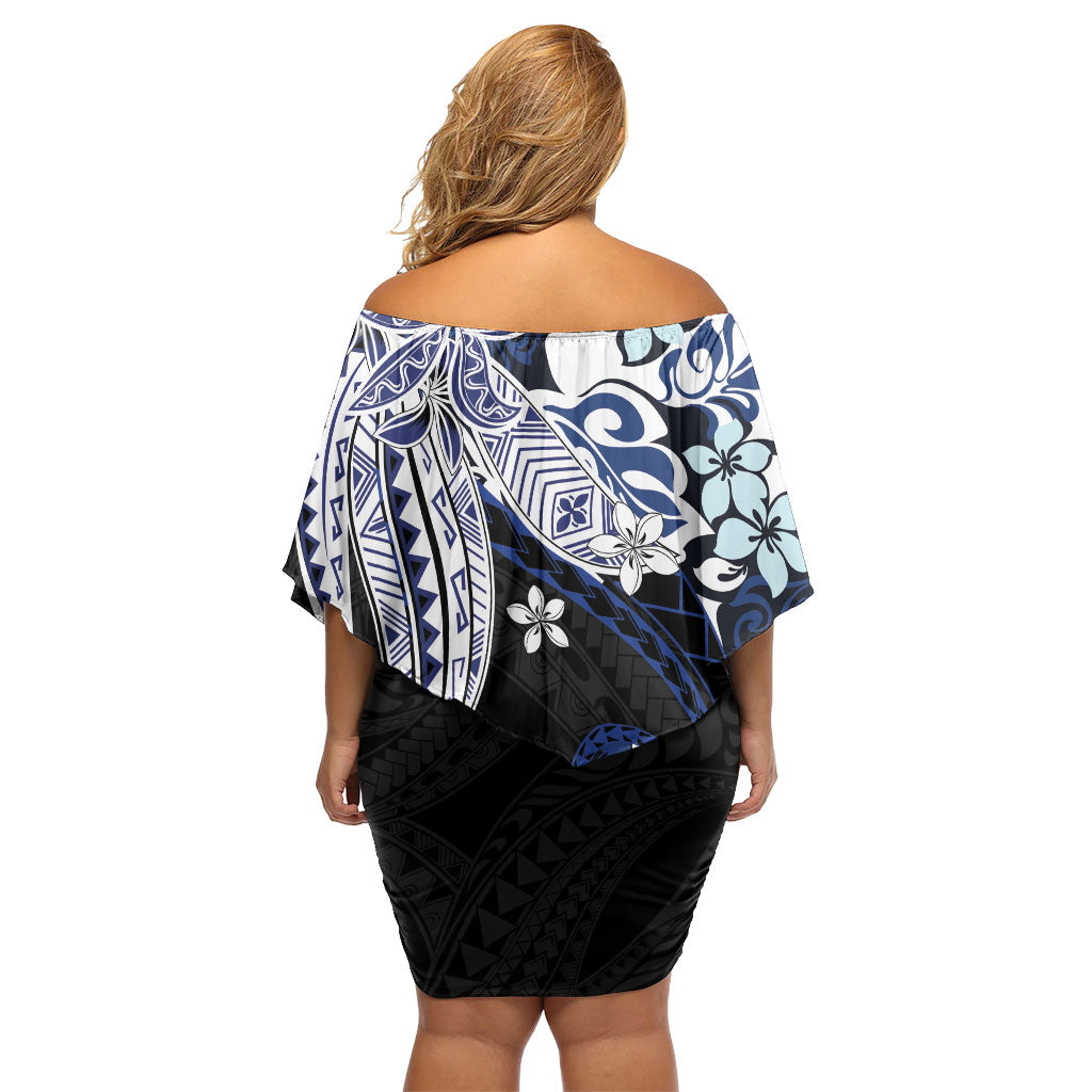 Monstera Plumeria Flowers Blue Off Shoulder Short Dress Polynesian Pattern