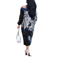 Monstera Plumeria Flowers Blue Off The Shoulder Long Sleeve Dress Polynesian Pattern LT01 - Polynesian Pride