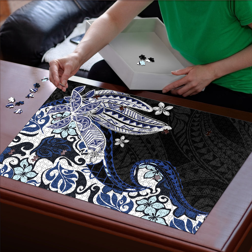 Monstera Plumeria Flowers Blue Puzzle Polynesian Pattern