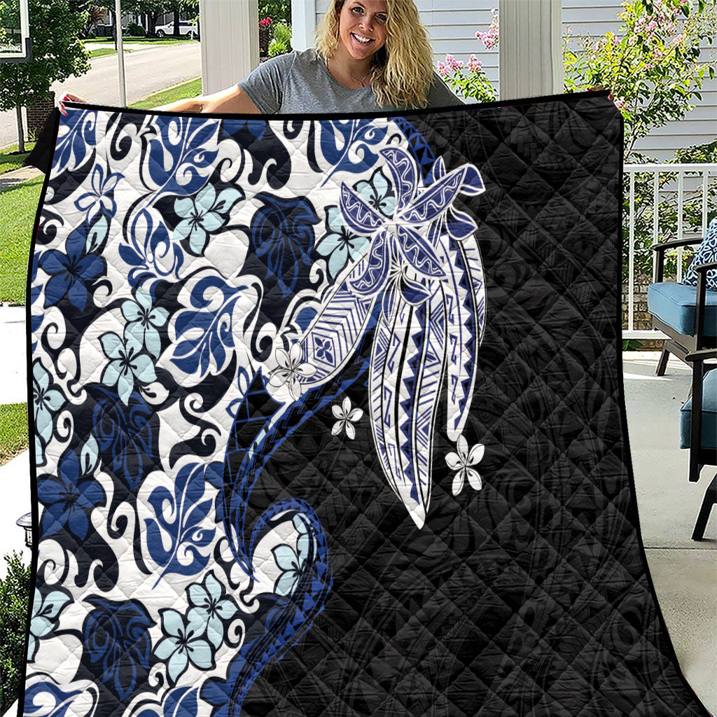 Monstera Plumeria Flowers Blue Quilt Polynesian Pattern
