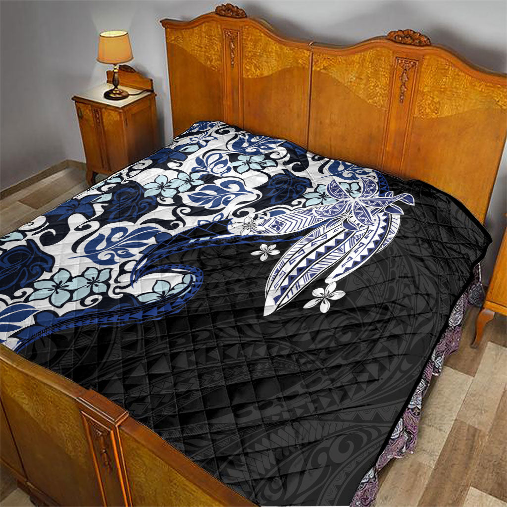 Monstera Plumeria Flowers Blue Quilt Polynesian Pattern