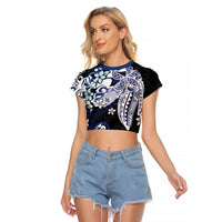 Monstera Plumeria Flowers Blue Raglan Cropped T Shirt Polynesian Pattern