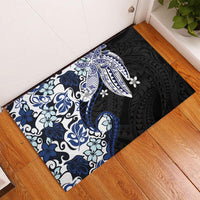 Monstera Plumeria Flowers Blue Rubber Doormat Polynesian Pattern