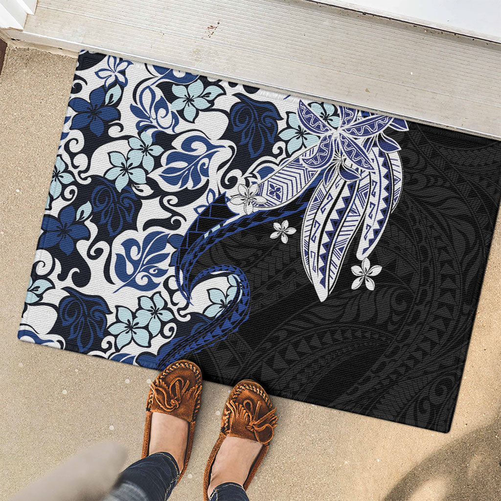 Monstera Plumeria Flowers Blue Rubber Doormat Polynesian Pattern