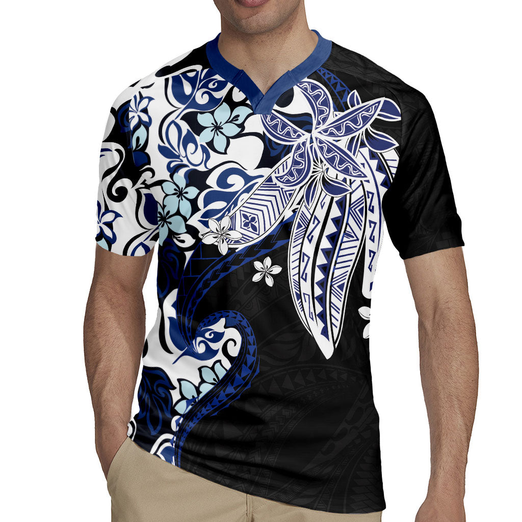 Monstera Plumeria Flowers Blue Rugby Jersey Polynesian Pattern