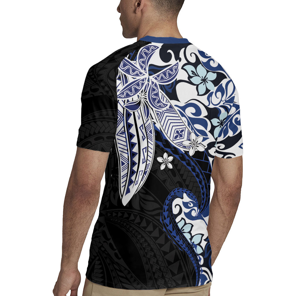 Monstera Plumeria Flowers Blue Rugby Jersey Polynesian Pattern