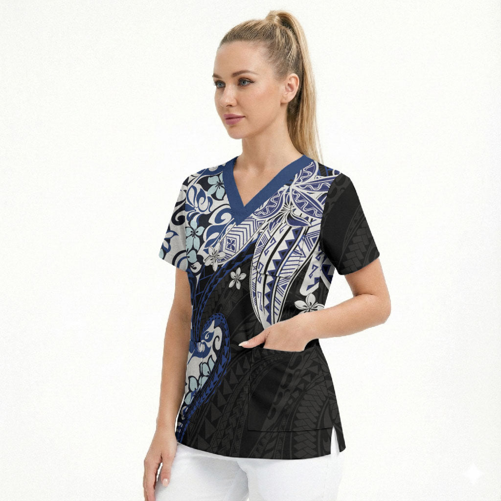 Monstera Plumeria Flowers Blue Scrub Top Polynesian Pattern