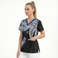 Monstera Plumeria Flowers Blue Scrub Top Polynesian Pattern