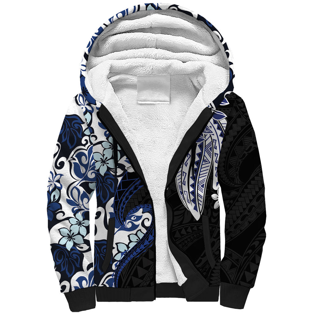 Monstera Plumeria Flowers Blue Sherpa Hoodie Polynesian Pattern