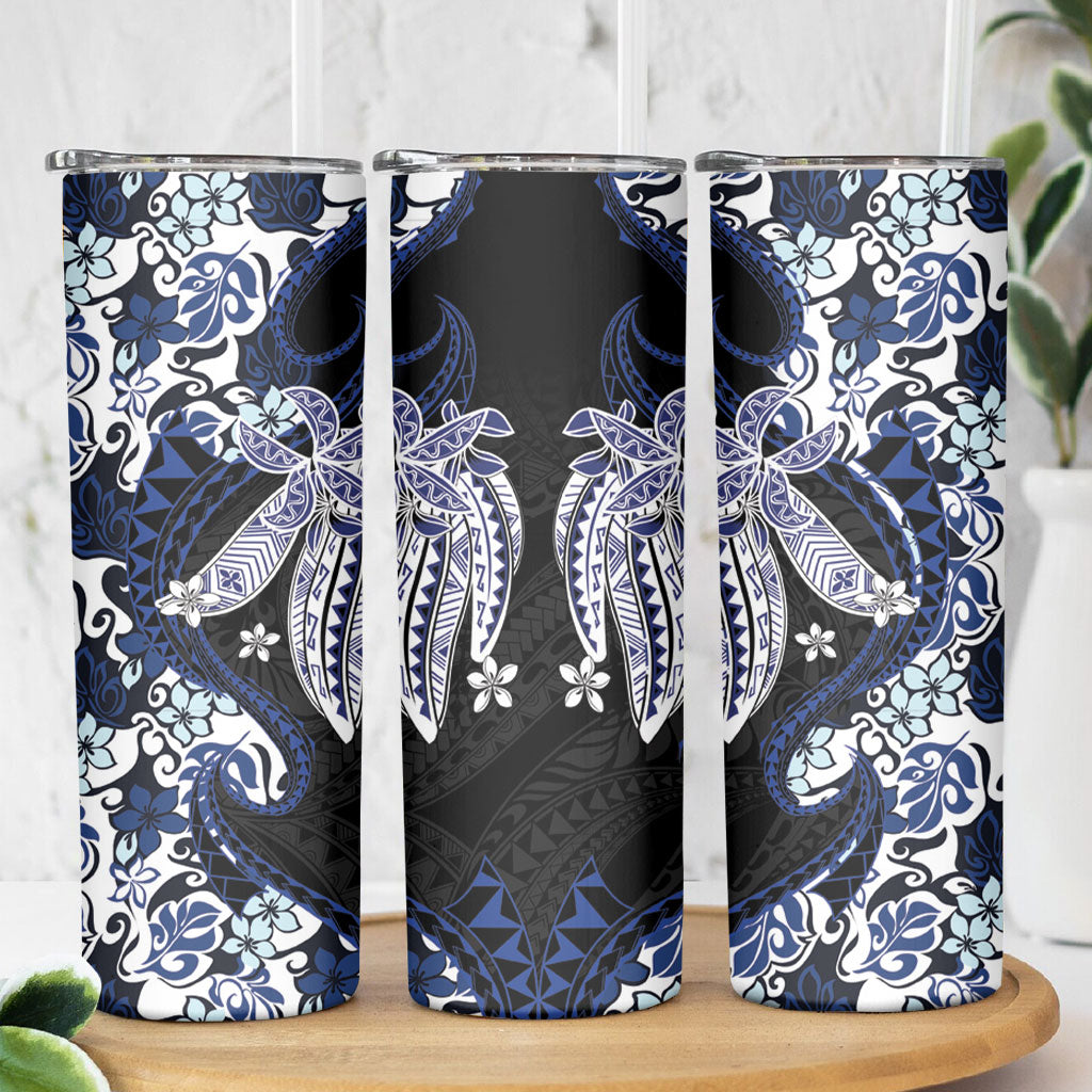 Monstera Plumeria Flowers Blue Skinny Tumbler Polynesian Pattern