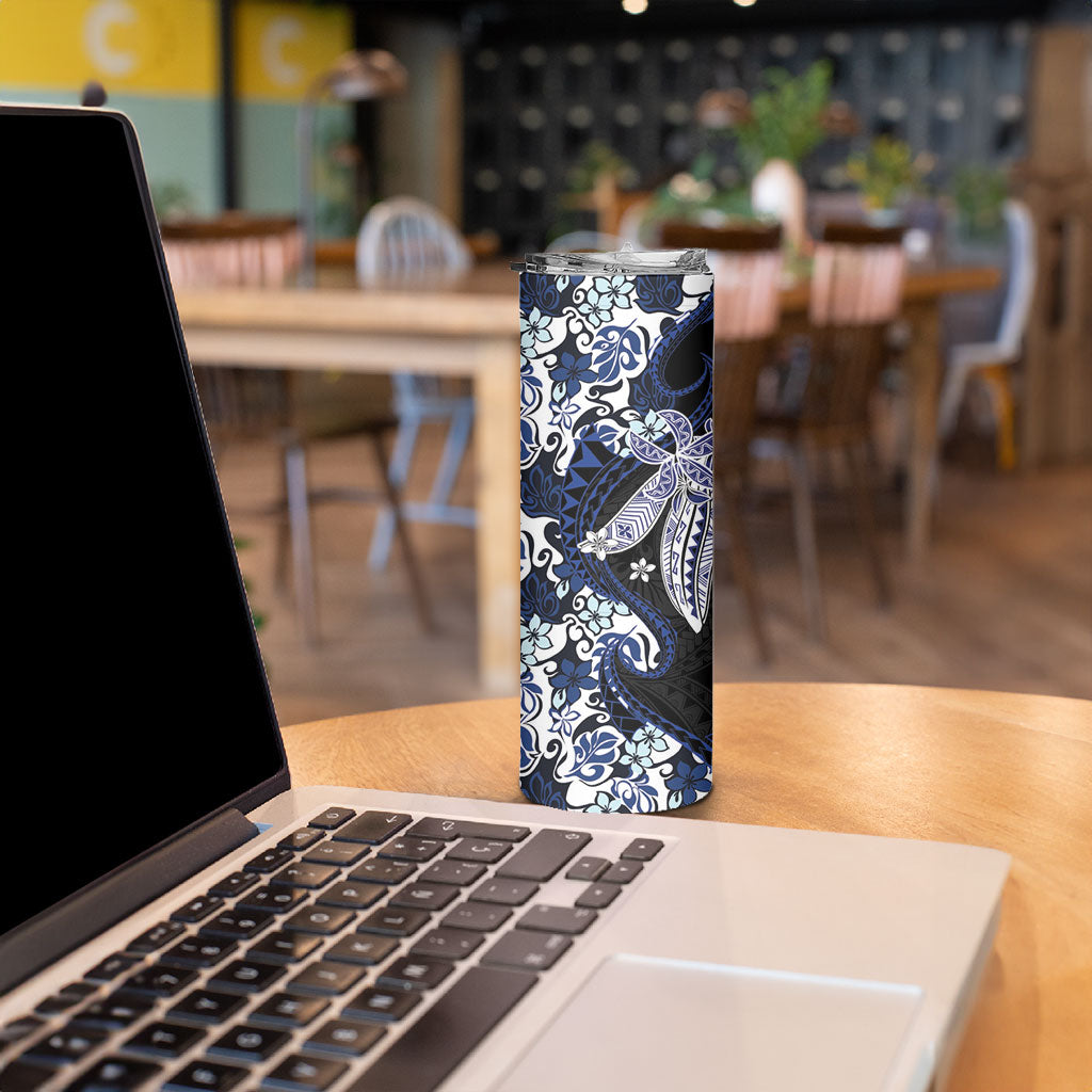 Monstera Plumeria Flowers Blue Skinny Tumbler Polynesian Pattern