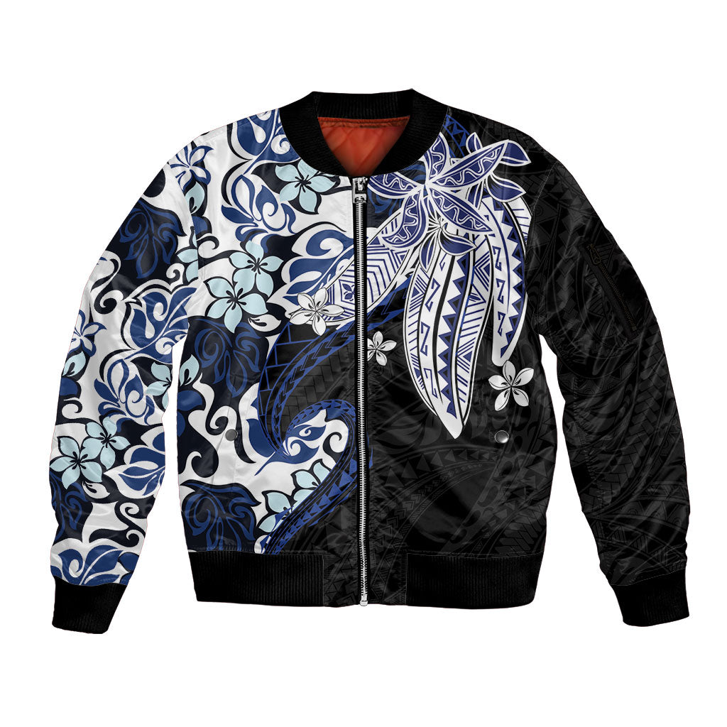 Monstera Plumeria Flowers Blue Sleeve Zip Bomber Jacket Polynesian Pattern