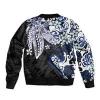 Monstera Plumeria Flowers Blue Sleeve Zip Bomber Jacket Polynesian Pattern