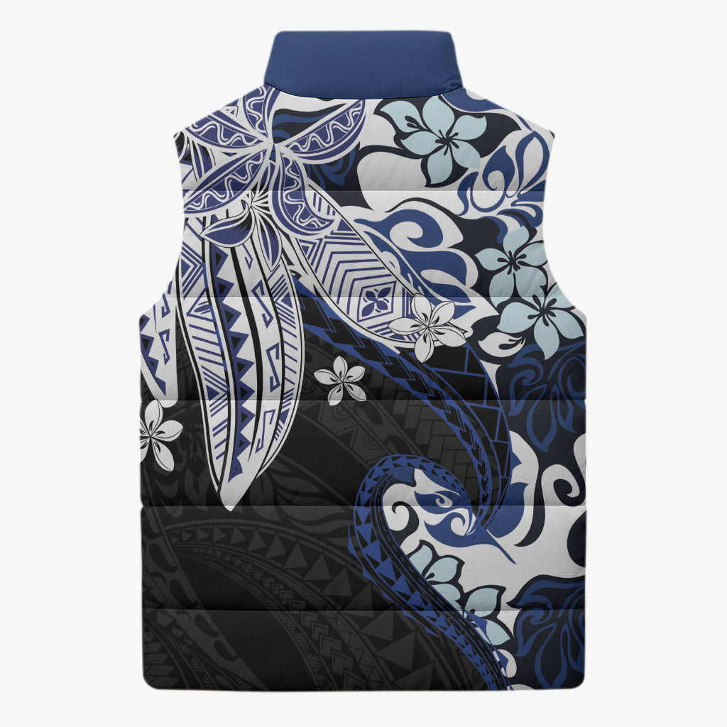 Monstera Plumeria Flowers Blue Sleeveless Puffer Jacket Polynesian Pattern
