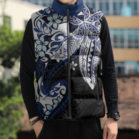 Monstera Plumeria Flowers Blue Sleeveless Puffer Jacket Polynesian Pattern