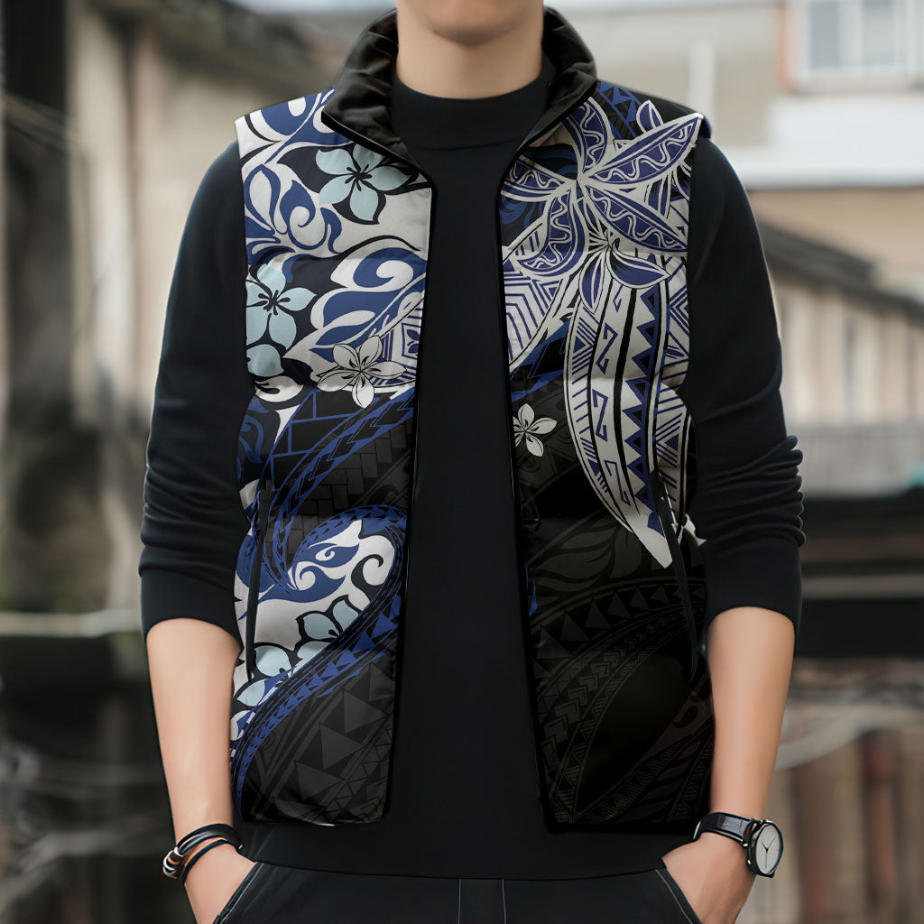 Monstera Plumeria Flowers Blue Sleeveless Puffer Jacket Polynesian Pattern