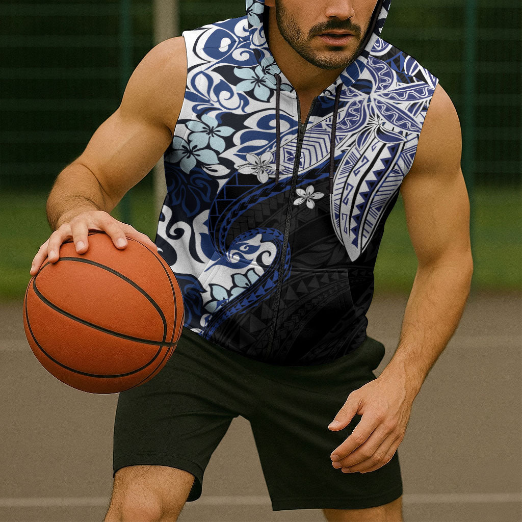 Monstera Plumeria Flowers Blue Sleeveless Zip Hoodie Polynesian Pattern