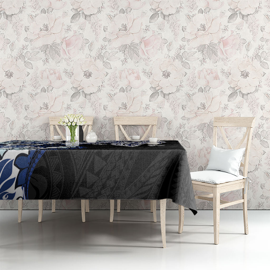 Monstera Plumeria Flowers Blue Tablecloth Polynesian Pattern