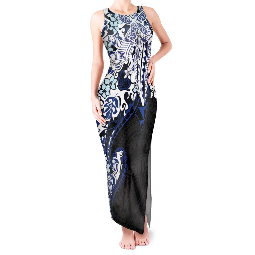 Monstera Plumeria Flowers Blue Tank Maxi Dress Polynesian Pattern