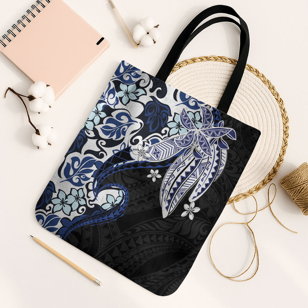 Monstera Plumeria Flowers Blue Tote Bag Polynesian Pattern
