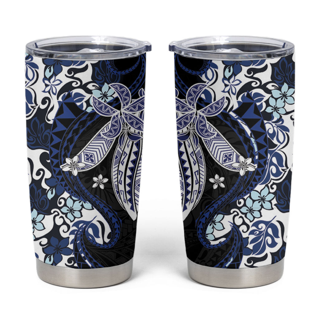 Monstera Plumeria Flowers Blue Tumbler Cup Polynesian Pattern