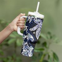 Monstera Plumeria Flowers Blue Tumbler With Handle Polynesian Pattern