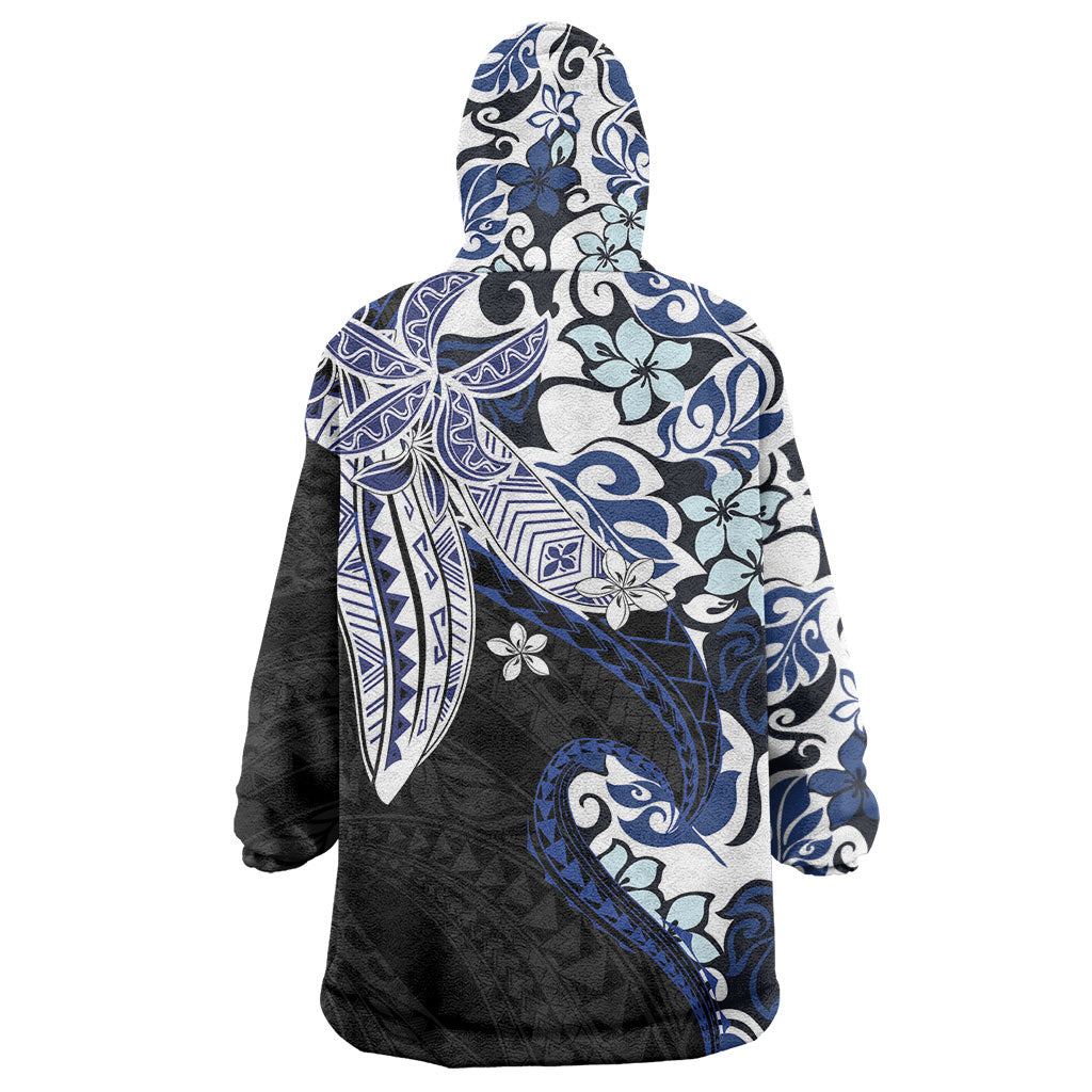 Monstera Plumeria Flowers Blue Wearable Blanket Hoodie Polynesian Pattern
