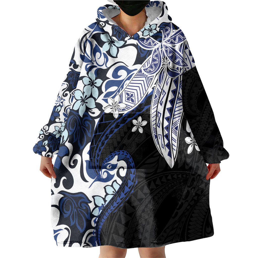 Monstera Plumeria Flowers Blue Wearable Blanket Hoodie Polynesian Pattern