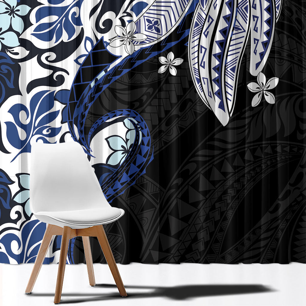 Monstera Plumeria Flowers Blue Window Curtain Polynesian Pattern