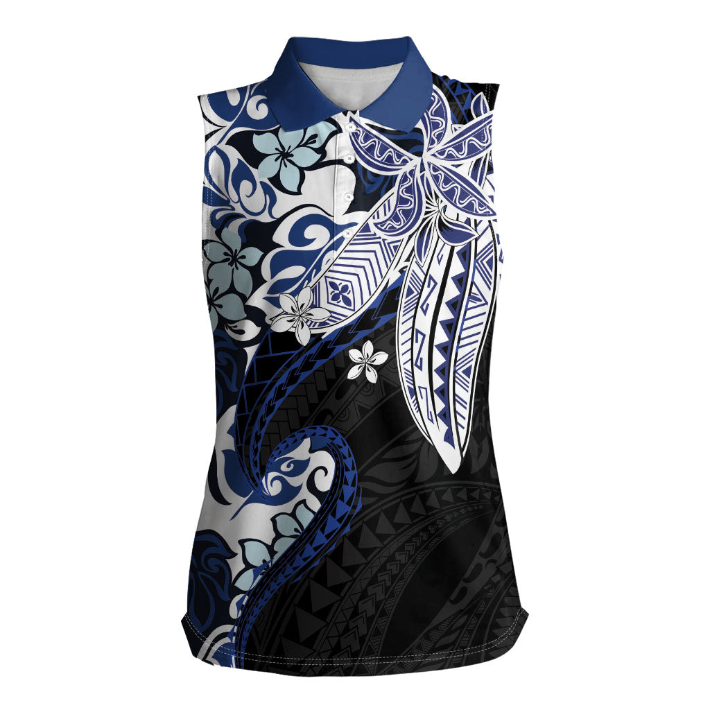 Monstera Plumeria Flowers Blue Women Sleeveless Polo Shirt Polynesian Pattern
