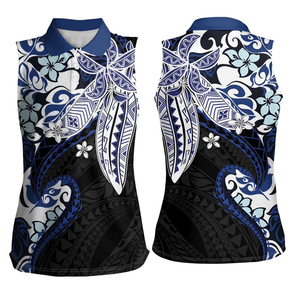 Monstera Plumeria Flowers Blue Women Sleeveless Polo Shirt Polynesian Pattern