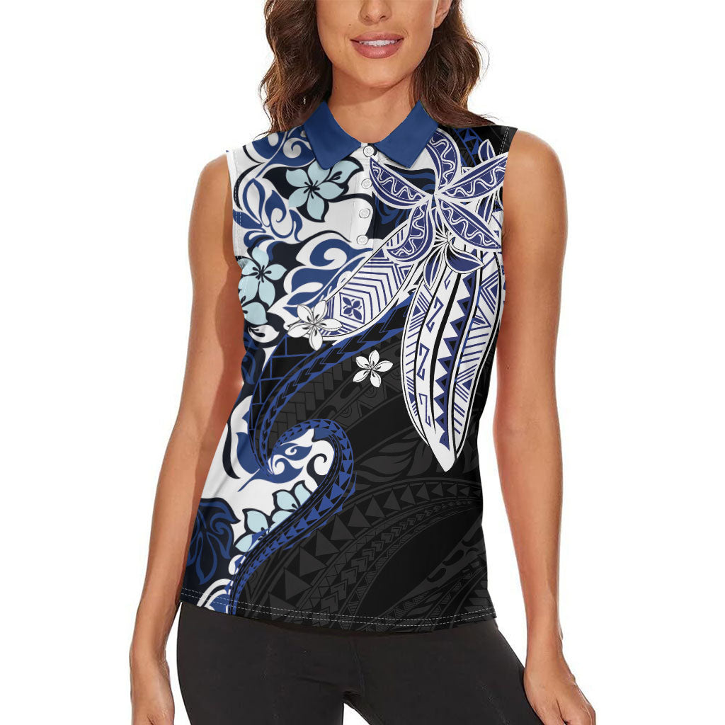 Monstera Plumeria Flowers Blue Women Sleeveless Polo Shirt Polynesian Pattern