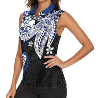 Monstera Plumeria Flowers Blue Women Sleeveless Polo Shirt Polynesian Pattern