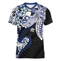 Monstera Plumeria Flowers Blue Women V-Neck T-Shirt Polynesian Pattern LT01 Female Blue - Polynesian Pride