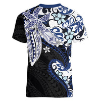 Monstera Plumeria Flowers Blue Women V-Neck T-Shirt Polynesian Pattern LT01 - Polynesian Pride