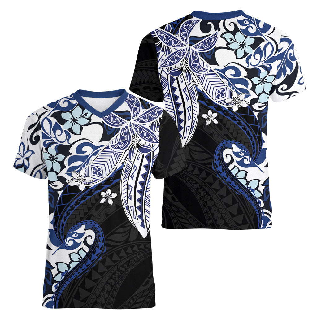 Monstera Plumeria Flowers Blue Women V-Neck T-Shirt Polynesian Pattern LT01 - Polynesian Pride