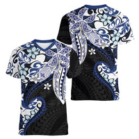 Monstera Plumeria Flowers Blue Women V-Neck T-Shirt Polynesian Pattern LT01 - Polynesian Pride