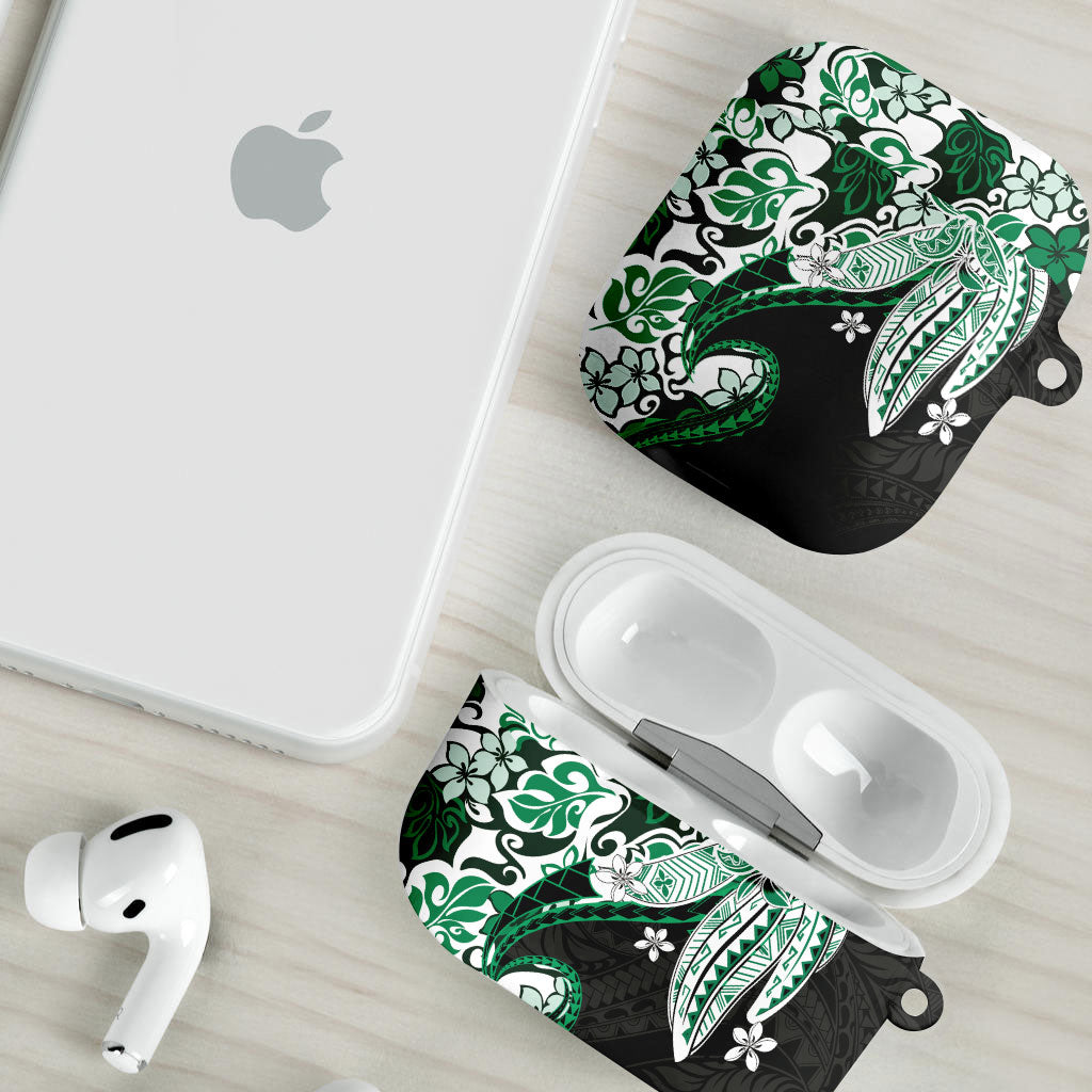 Monstera Plumeria Flowers Green AirPods Case Polynesian Pattern